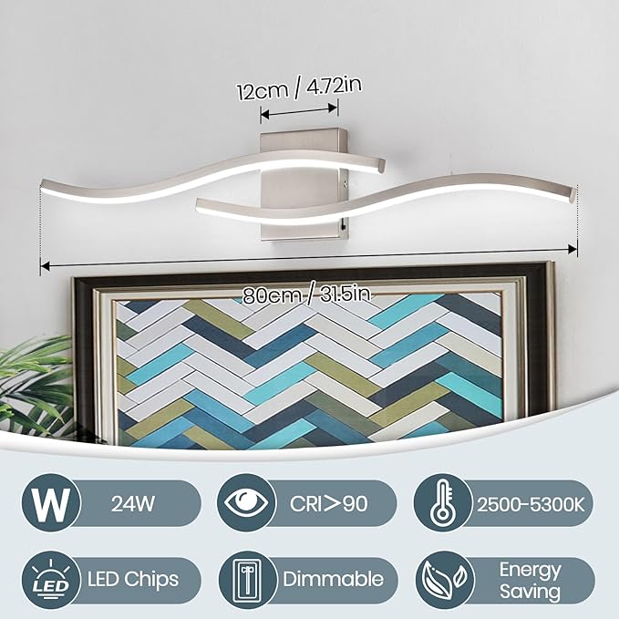 Brushed Nickel Curved 3000~6000K Bathroom Vanity Light Fixture Over Mirror, 31.5 inch Modern LED Wall Lamp 5CCT Dimmable Bathroom Light Fixture Modern Vanity Lighting