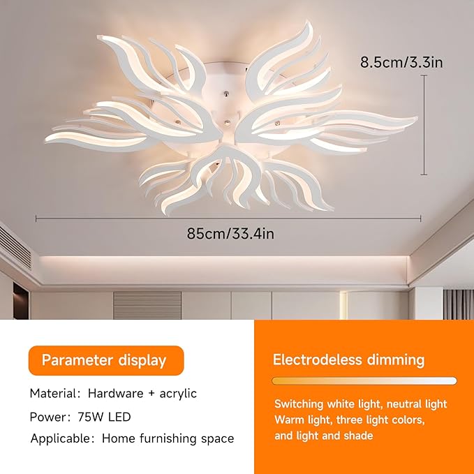 Becailyer Modren LED Ceiling Light, 75W Flower Shape Ceiling Lamp, 33.4" Dimmable Flush Mount Ceiling Lighting Fixtures, 9-Petals Close to Ceiling Light for Living Room Dining Room Bedroom, White