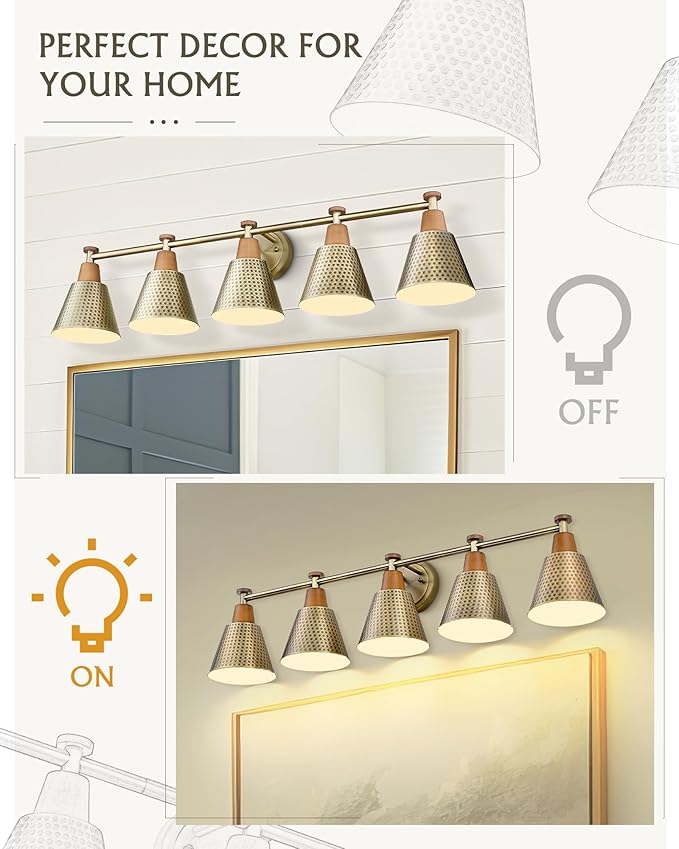 FEMILA Bathroom Light Fixtures, Modern Bathroom Vanity Light with Hammered Metal Shade, Sconces Wall Lighting for Mirror Kitchen Bedroom, Gold, 37"