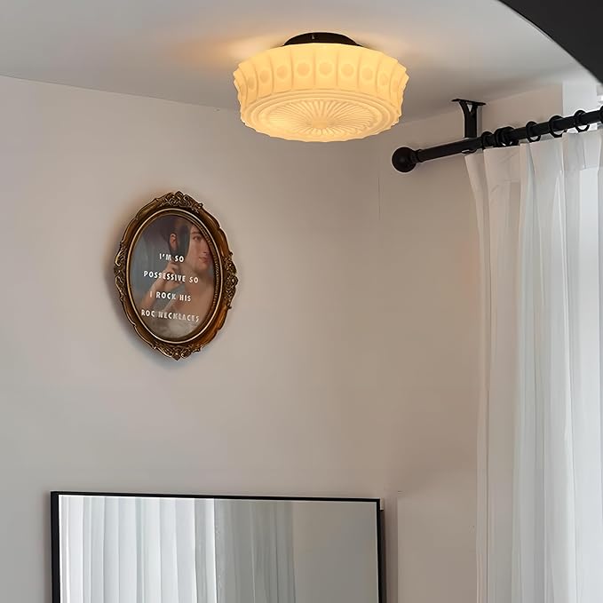 FCTWAKS Schoolhouse Ceiling Light Fixture, 13.8" Milk Glass Semi Flush Mount Mid Century Vintage Ceiling Light for Bedroom Hallway Kitchen, E26 Base Bulb Included, White
