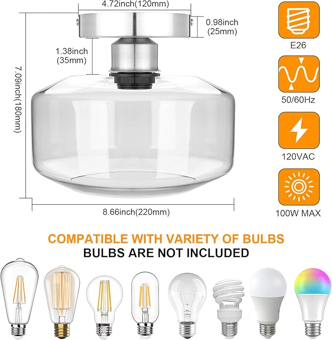 MAXvolador Industrial Semi Flush Mount Ceiling Light Brushed Nickel, Clear Glass Pendant Lamp Shade Farmhouse Lighting Hallway, Hanging Light Fixture