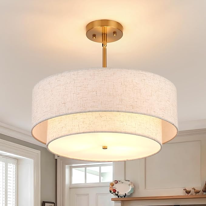 Flush Mount Ceiling Lights 16 Inch Fabric Semi Light Fixtures 3-Light Modern Drum Ceiling Light for Dining Room Kitchen Bedroom Foyer Hallway Entryway