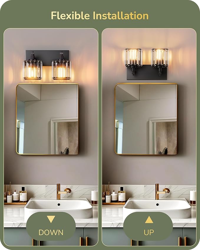 EDISHINE Bathroom Vanity Light Fixtures, 2 Light Crystal Bathroom Lighting Fixtures Over Mirror, Modern Wall Sconce for Powder Room, Bedroom, E26 Base, Black