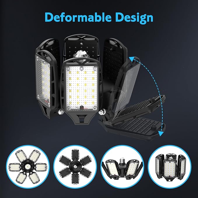 LED Garage Lights 2 Pack, 18000LM 180W Deformable Shop Light with 6+1 Adjustable Panels, 6500K Daylight White Ceiling Light for E26 Base, Ideal for Garage/Basement/Barn