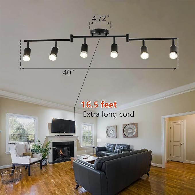 Dimmable 6 Light Black Plug in Track Light White Plug in Ceiling Lighting Fixture with 16.4' Long Cord,6 Way Ceiling Spotlight,Rotatable Wall Mount Light Head,LED dimmable Spot Bulbs Included