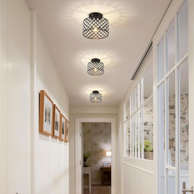Black Crystal Ceiling Light Fixture,Modern Semi Flush Mount Ceiling Lighting Fixture,Round Small Chandelier for Hallway, Entryway, Laundry Room, Kitchen, Bedroom, Foyer, Bathroom, 1 Light, 9 inch