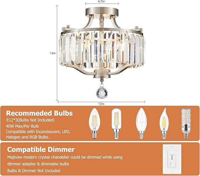 12.2'' Modern Brushed Nickel Crystal Ceiling Light Fixture Farmhouse 3-Light Semi Flush Mount Drum Chandelier for Dining Room, Bedroom, Kitchen, Hallway, Entryway, Foyer, E12 - MJ055BN