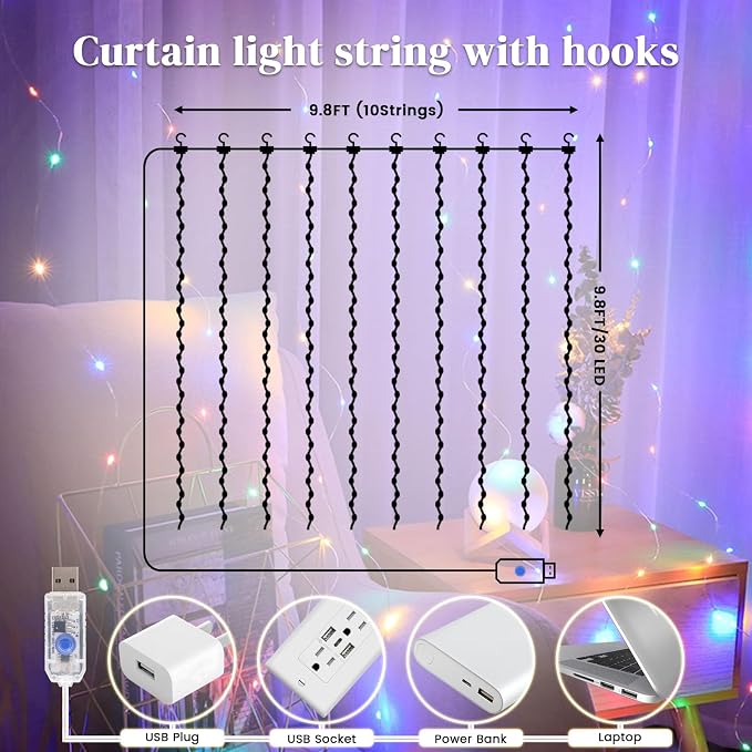 DomeStar 300 LED Fairy Curtain Lights, 9.8ft x 9.8ft Holiday Party Waterproof String Hanging Lights with 8 Modes Remote, Plug‑in Design for Bedroom Patio Garden Party Wedding Wall Decor (Multicolor)