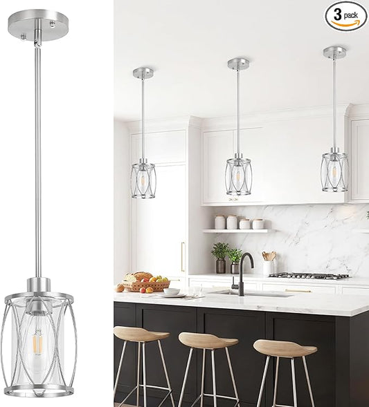 Glass Pendant Lights Kitchen Island Brushed Nickel Pendant Light Fixtures Adjustable Modern Mini Hanging Light with Clear Glass for Sink Dining Room Foyer Entryway Bar, 3 Pack