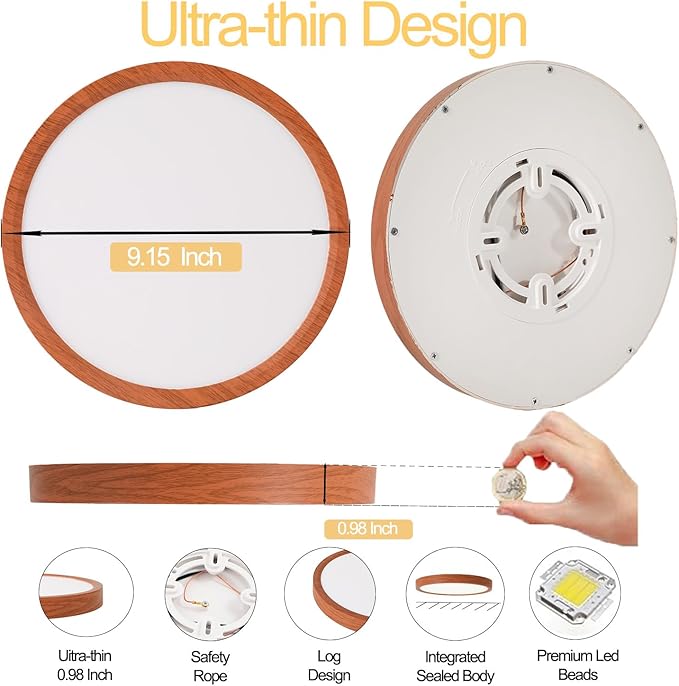 COTULIN 9 Inch LED Wood Grain Flush Mount Ceiling Light Fixtures Set of 2, Modern 22W Round Flat Overhead 3000K-4000K-6000K Selectable Ceiling Lamps for Bedroom, Living Room, Kitchen, Entryway