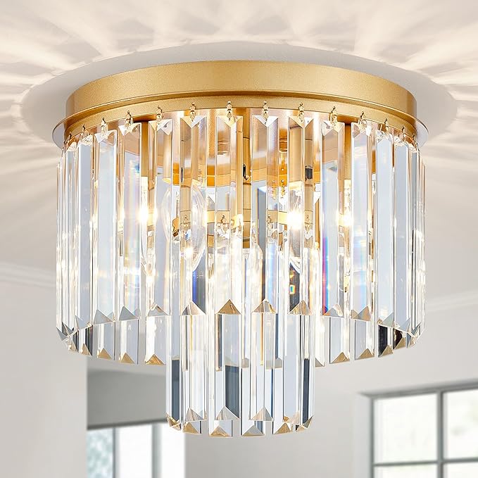 Crystal Ceiling Light, 3-Light Modern Flush Mount Ceiling Light Fixture for Living Room, Dinning Room, Hallway, D12 x H13inch, Brass Finish Frame & K9 Crystal