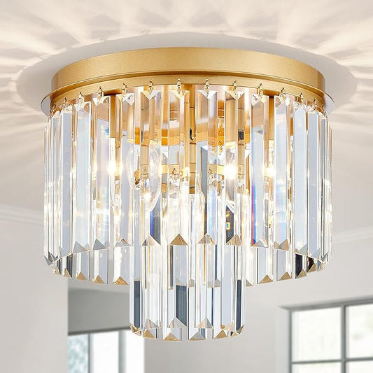Crystal Ceiling Light, 3-Light Modern Flush Mount Ceiling Light Fixture for Living Room, Dinning Room, Hallway, D12 x H13inch, Brass Finish Frame & K9 Crystal