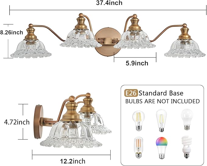 XIEDUN Brass 4 Light Vanity Lights for Bathroom Vanity Light Fixtures Bathroom Light Fixture
