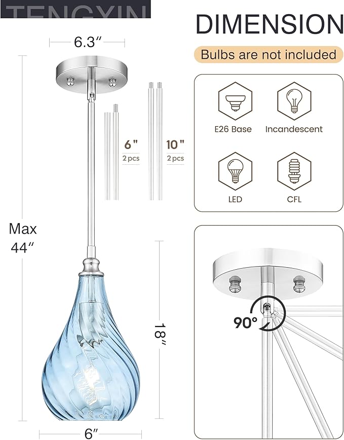 TENGXIN 6 Inch Mini Hanging Light for Kitchen Island,Kitchen Pendant Lighting Over Island,Brushed Nickel Finished Blue Glass Pendant Light,Farmhouse Pendant Light for Dining Room