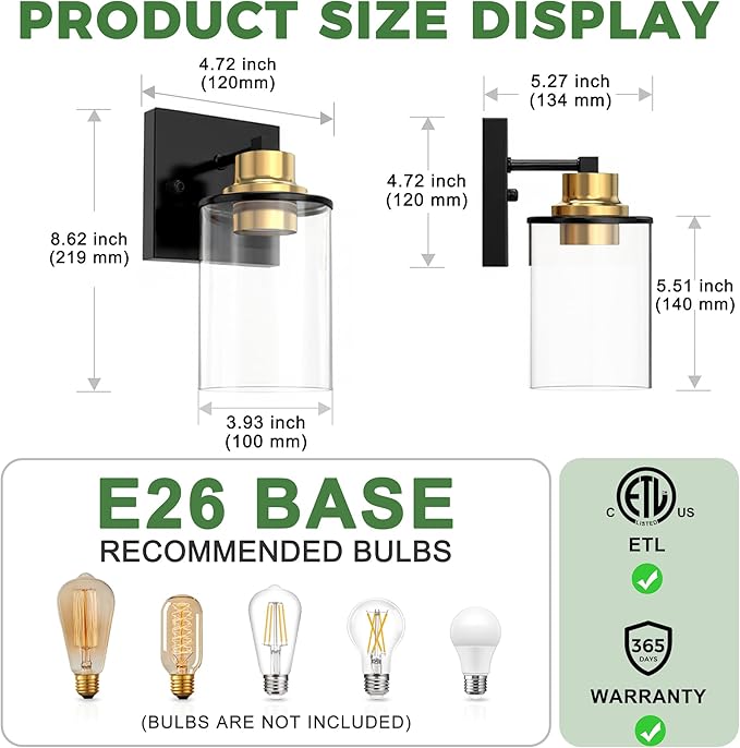 DORESshop Wall Sconces Set of 2 for Bathroom, Modern Vanity Light Fixtures with Clear Glass Shade, Black and Gold Wall Mount Lighting Lanterns for Bedroom Living Room Mirror Hallway Kitchen