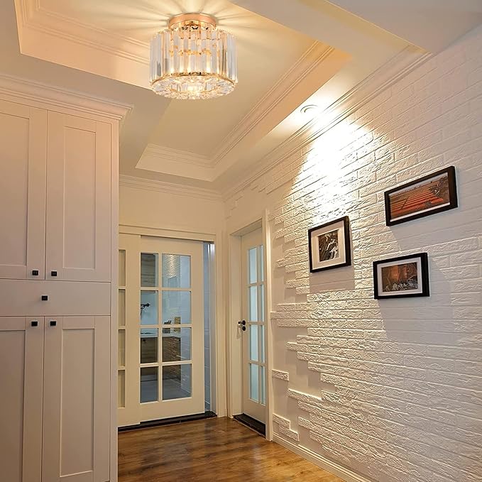 Gold Ceiling Lamp, Semi Flush Mount, Small Crystal, Entryway Chandelier for Dining Room, Bedroom, Kitchen