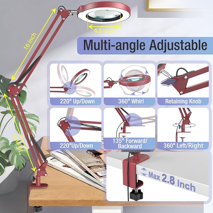 10X Magnifying Glass with Light and Clamp, Real Glass Stand Lighted Magnifier, 5 Color Modes Stepless Dimmable LED Desk Lamp Hands Free for Crafts Hobby Reading Painting Sewing Close Work - Large RED