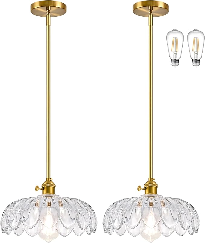 Mid Century Modern Pendant Light 2 Pack Hanging Adjustable Pendant Lights with Brushed Gold Fixture Clear Flower Glass Vintage Chandelier for Kitchen Island Bedroom Dining Room（Bulb Incl.）