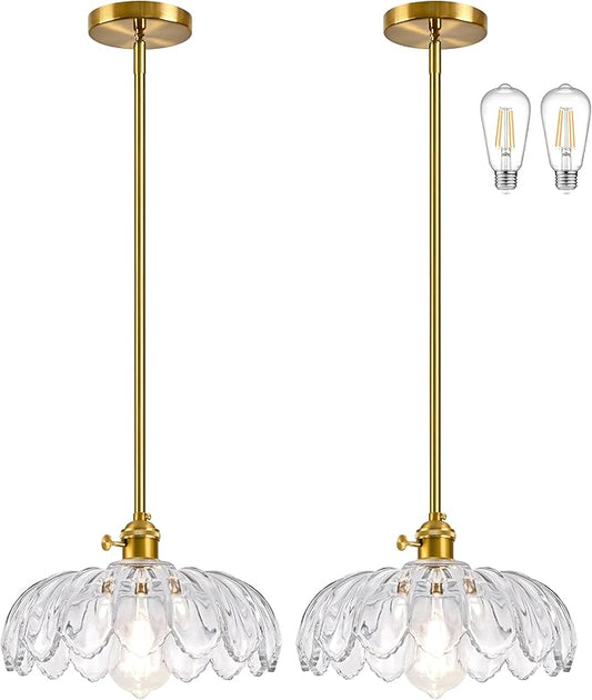 Mid Century Modern Pendant Light 2 Pack Hanging Adjustable Pendant Lights with Brushed Gold Fixture Clear Flower Glass Vintage Chandelier for Kitchen Island Bedroom Dining Room（Bulb Incl.）