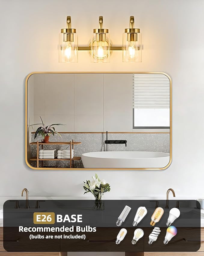 3 Light Bathroom Vanity Light, Gold Vanity Lights for Bathroom, Modern Light Fixtures Over Mirror with Clear Glass Shade, Wall Sconce Lighting for Bedroom Living Room Hallway