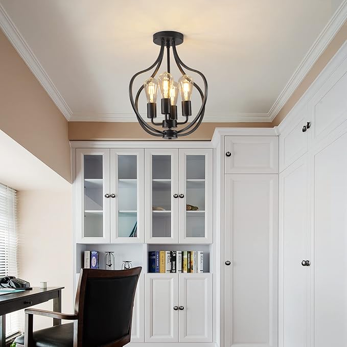 4-Light Farmhouse Semi Flush Mount Ceiling Light,Modern Rustic Metal Industrial Ceiling Light Fixture,Black Chandelier for Kitchen Island Dining Room Bedroom Living Room Foyer Hallway Entryway
