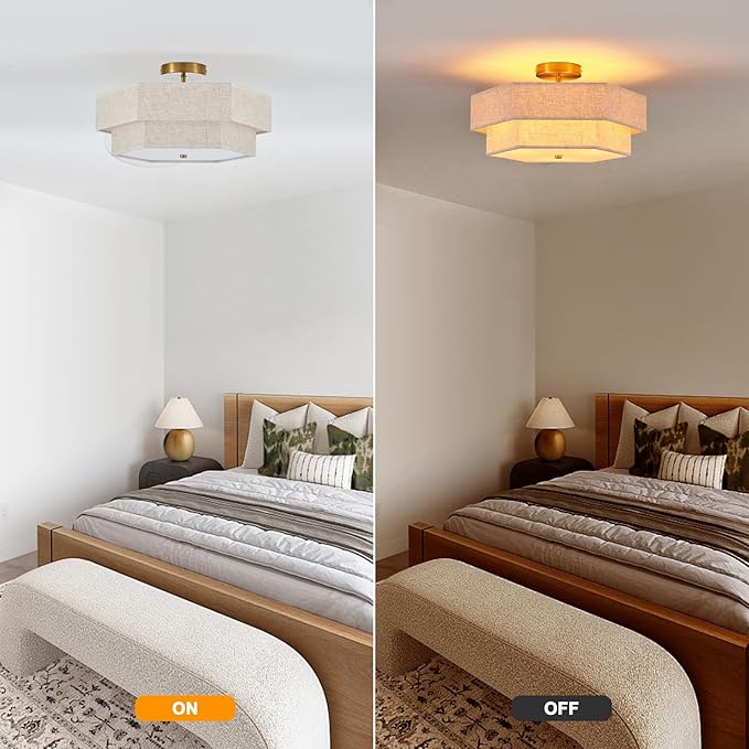 Modern Semi Flush Mount Ceiling Light 18" Modern Gold Drum Ceiling Lighting Fixture with Linen Shade Vintage Ceiling Lamp for Living Room, Bedroom, Kitchen, Dining Room, Hallway, and Entryway
