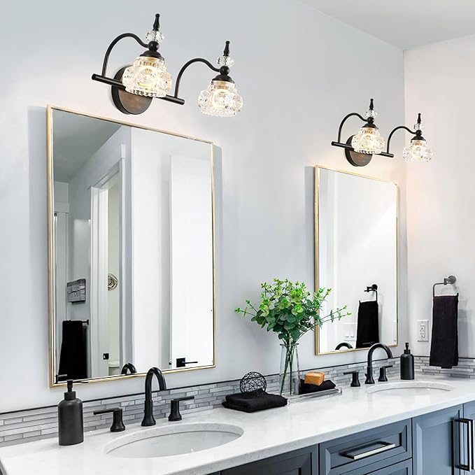 WJShome 2 Light Black Bathroom Vanity Light, Bathroom Vanity Lights Over Mirror, with Fine Chunky Crystal Glass Light Shade for Bedroom Living Room Bathroom Hallway Patio