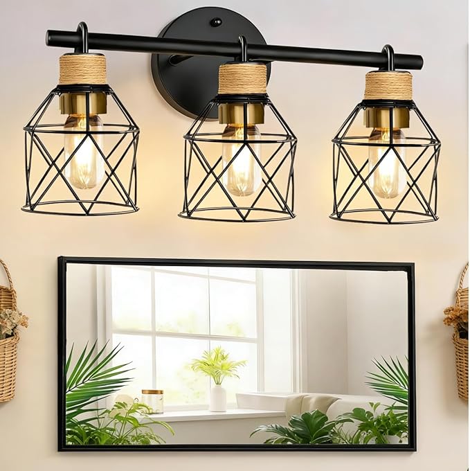 Farmhouse Bathroom Vanity Light Fixtures,3-Light Bathroom Light Fixtures,Sconces Wall Lighting Over Mirror, Black Vanity Lights with Metal Lampshade,Vintage Wall Light for Bedroom Hallway