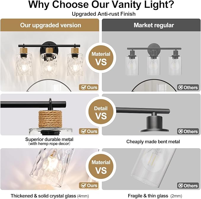 MOKATNG Bathroom Light Fixtures, 3-Light Coastal Vanity Lights with Crystal Glass Shade, Black Bathroom Wall Lamp for Mirror Kitchen Hallway Cabinet