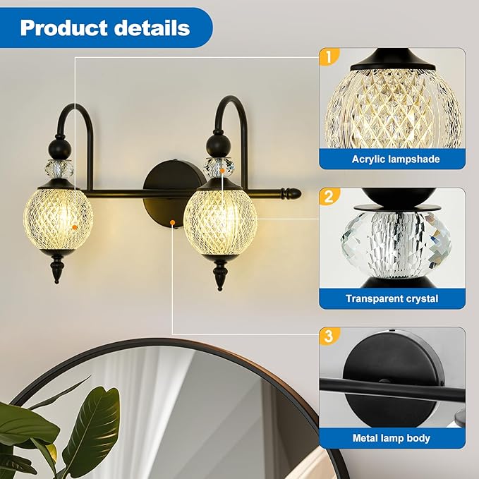 Vintage Vanity Light 2 Lights Black Bathroom Light Fixtures Over Mirror with Acrylic Globe Shade