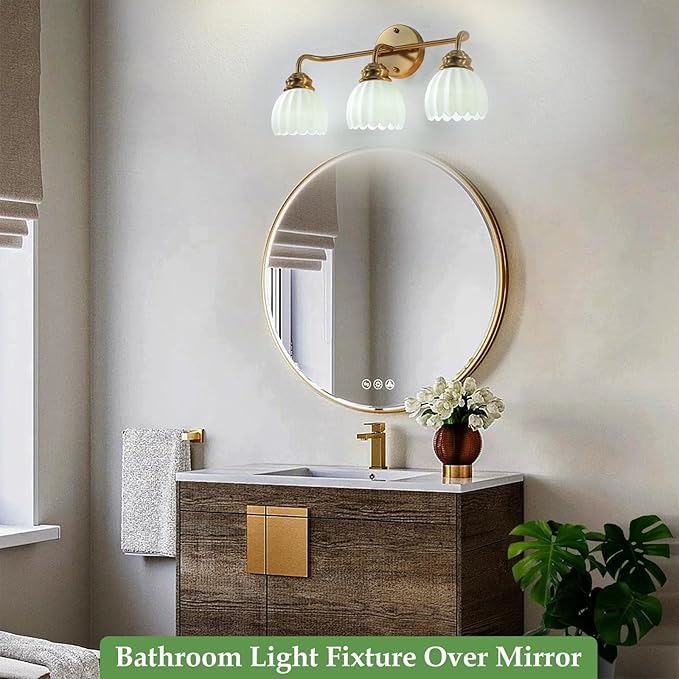 3 Light Vintage Bathroom Light Fixtures, Gold Bathroom Vanity Light, Brass Finish with White Tulip Glass Shade, Wall Lighting for Bedroom, Living Room, Hallway,E26 Base