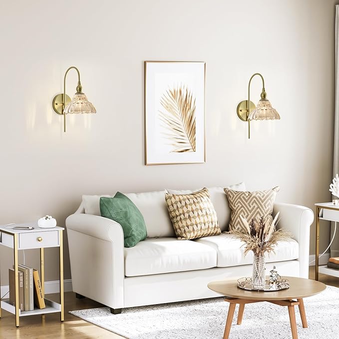 Vintage Wall Sconces with Amber Flower Glass Lampshade, Indoor Bath-Room Wall Sconce, Modern Gold Industrial Lighting Fixture for Mirror Living Room Hallway 1 Pack