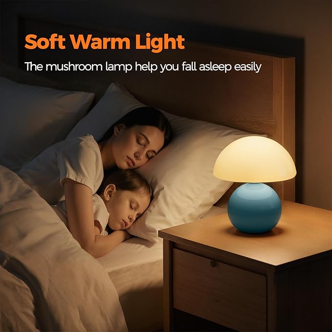 NIORSUN Mushroom Lamp Table Lamp for Bedroom, Portables Cordless Table Lamp,Wireless lamp,Small Bedside Table Touch Lamps for Living Room,Mini Mushroom 5200mAh Battery Operated Lamp Modern Blue