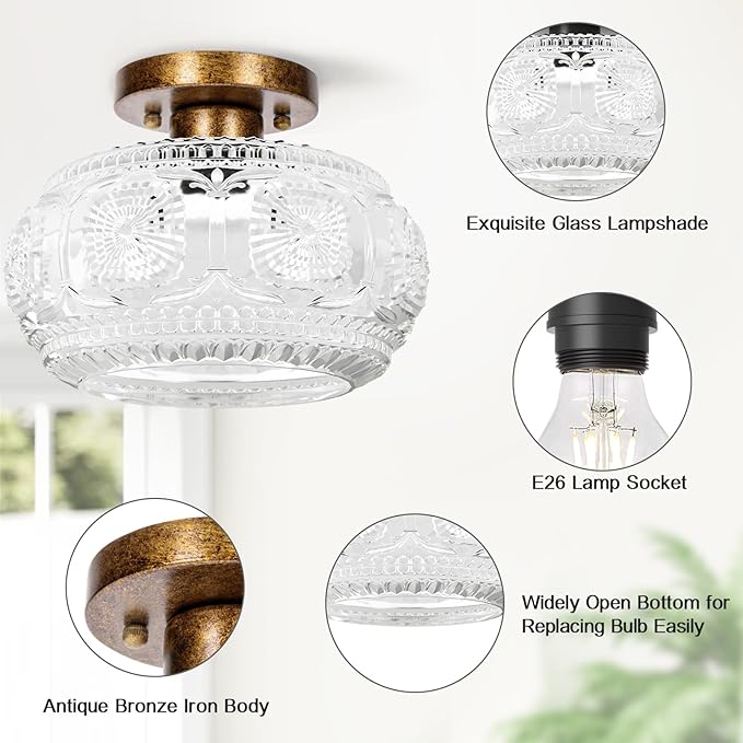 Semi Flush Mount Ceiling Light, Globe Glass Ceiling Light Fixture, Antique Bronze Modern Lighting for Hallway Bedroom Entryway Kitchen Porch, Bulb Not Included