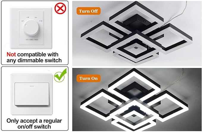 Garwarm Modern LED Ceiling Light, Black Flush Mount Light Fixtures,64W Ceiling Lamp for Living Room Bedroom Dining Room, 5 Square Metal Acrylic Surface Mount Chandelier Cool White 6000K