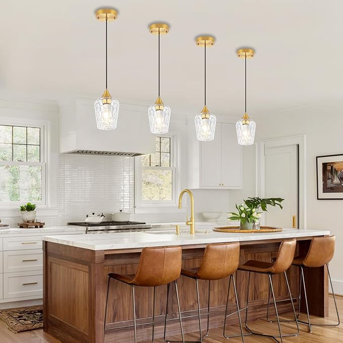 3 Pack Gold Pendant Lights Kitchen Island, Hammered Glass Pendant Lighting Over Island, Modern Hanging Kitchen Light Fixtures Over Sink Adjustable Mini Pendant Light for Bathroom Hallway Dining Room