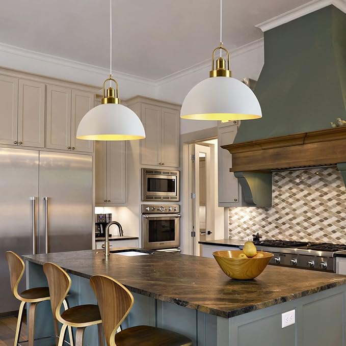 Vintage Industrial Pendant Light - 13.58'' Rustic White and Gold Farmhouse Dome Pendant Lighting, 78.74'' Length, for Kitchen, Dining, Bedroom, Living Room