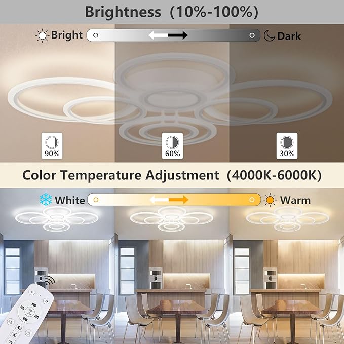 Modern LED Ceiling Light, 23-Inch, 3 Color Temps, 3348LM, Adjustable Brightness, Remote & APP Control, Energy Saving – Ideal for Living Room, Dining Room, Kitchen & Office - 8 Cirles
