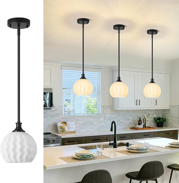 Black Pendant Lights Kitchen Island, 1-Light 7.3" Modern Milk Glass Pendant Light Fixtures with Rods, Globe Hanging Lighting for Kitchen Sink Bathroom Dining Room, E26 Base