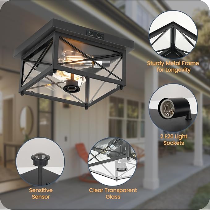 Outdoor Ceiling Light Fixture, Motion Sensor Outdoor Porch Light Ceiling Mount, 2-Light Metal Close to Ceiling Light Fixture with Glass Shade, 3 Modes, Bulbs Not Included, Black BT09XD05
