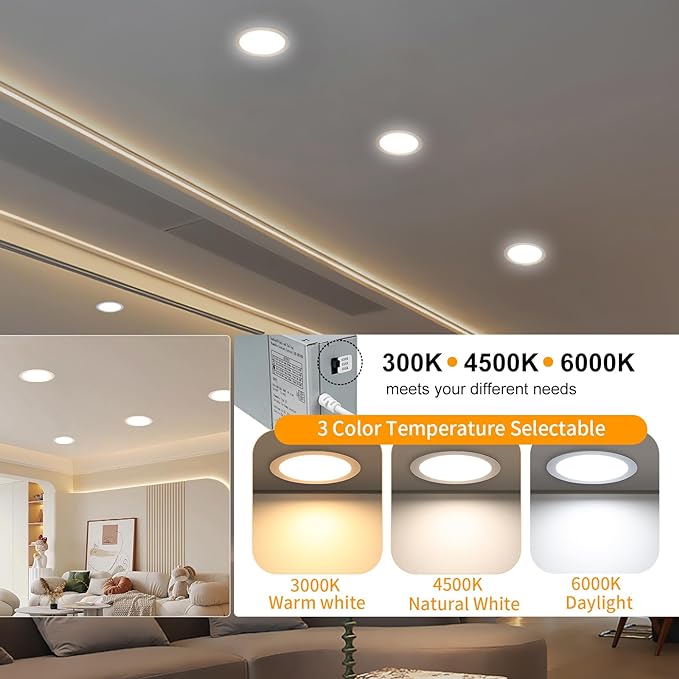 LZHOME 24 Packs 8 Inch Recessed LED Light: Ultra Thin LED Recessed Lighting with Junction Box, 3000K/4500K/6000K Selectable,Ceiling Light, High Brightness 1800LM Dimmable Canless LED Downlight