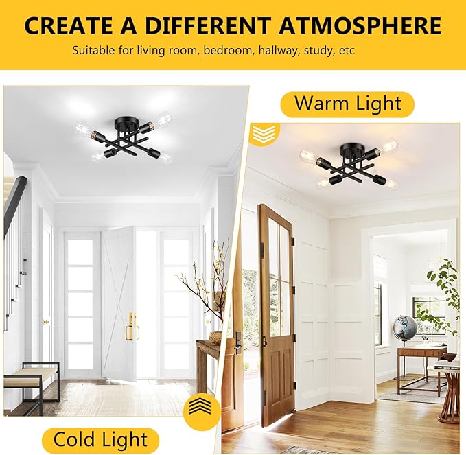 Asnxcju 4-Light Hallway Semi Flush Mount Light Fixtures, Farmhouse Black Light Fixtures Ceiling Mount, Indoor Close to Ceiling Lighting for Kitchen Entryway Bedroom Foyer (Bulb Not Included)