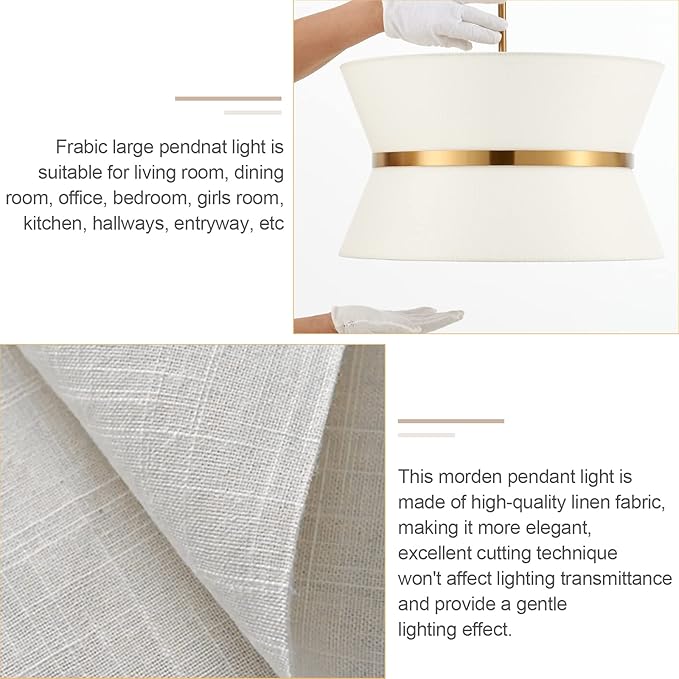 Modern Chandelier with Off-White Fabric Shade and Brass Finished Adjustable Pendant Light for Kitchen Island Living Room Bedroom Hallway, E26, Dia 18 Inch, UL Listed