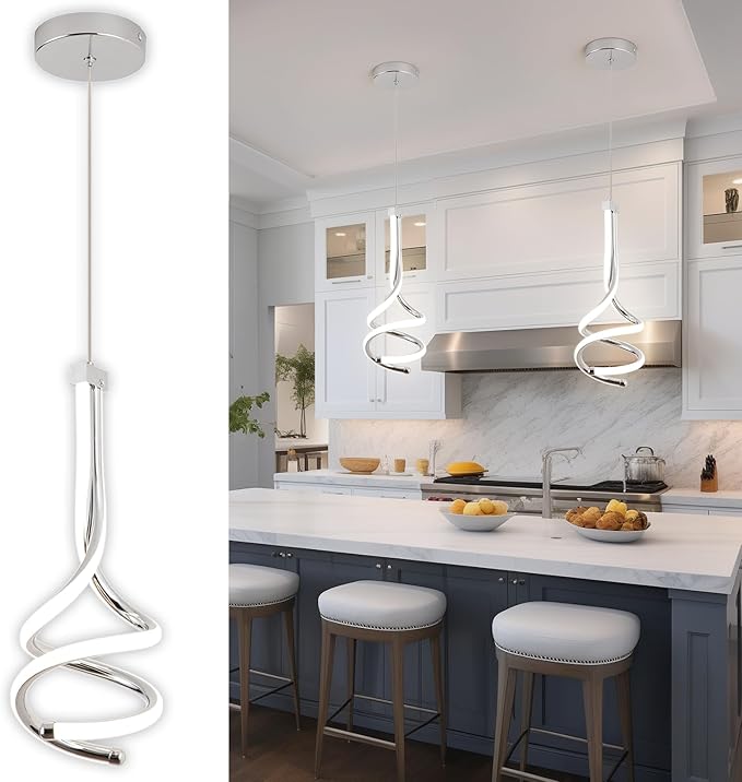 EIDISUNY Modern Pendant Light, Spiral LED Pendant Light Fixture, 4500K LED Hanging Lamp, Chrome Chandelier Lights Fixture, 20W Adjustable Pendant Light for Kitchen Island, Dining Room, Bedroom,1 Pack