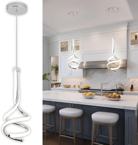 EIDISUNY Modern Pendant Light, Spiral LED Pendant Light Fixture, 4500K LED Hanging Lamp, Chrome Chandelier Lights Fixture, 20W Adjustable Pendant Light for Kitchen Island, Dining Room, Bedroom,1 Pack