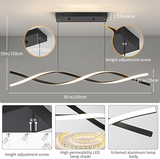 LED Pendant Lights, 3300k-6500K Adjustable Color Temperature Hanging Pendant Lighting, 39.37" Chandelier Dimmable with Remote Control, Aluminum Island Lighting Lamp Fixture for Kitchen, Dining Room