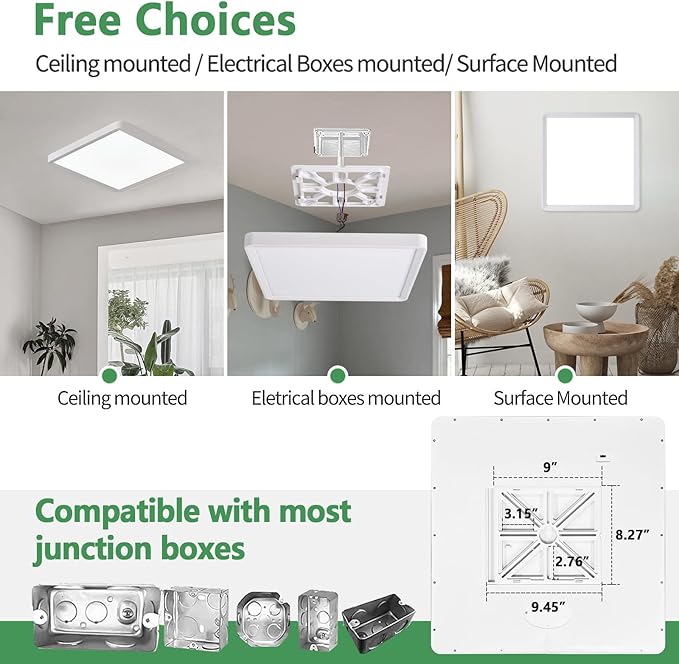 20 Inch Large LED Flush Mount Ceiling Light, 45W, 4500LM, Non-dimmable, 3000K/4000K/6000K CCT Selectable, White Square Flat Panel Light, Low Profile, Fits Hallway, Kitchen, Bedroom, Laundry Room