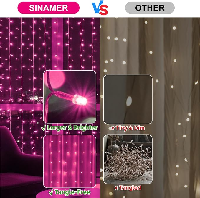 Curtain Light for Bedroom, 200LED 6.6x6.6ft Pink Window Wall Hanging Fairy Curtain String Light, 8 Modes Remote Fairy String Lights Indoor for Wedding Party Home Garden Decorations