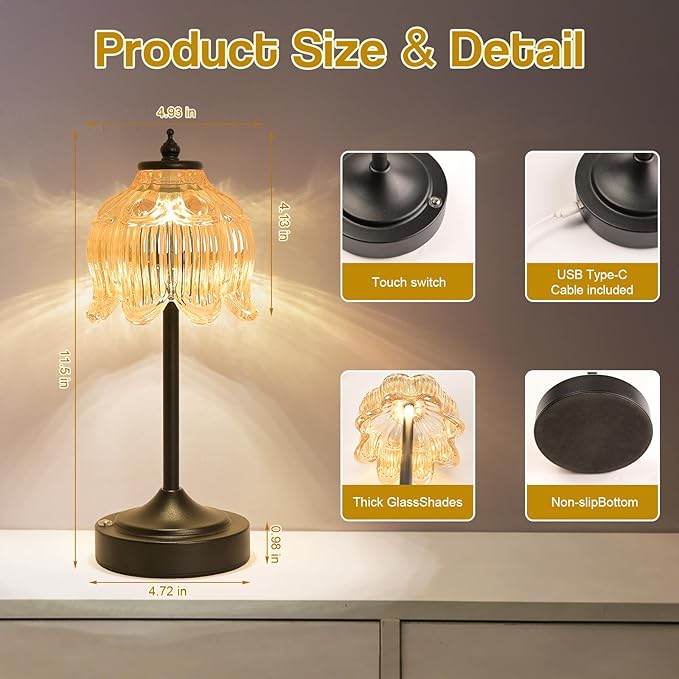 Cordless Lotus Flower Table Lamp, 5200mAh Rechargeable Battery Operated Portable Lamp, 3-Color Dimmable Touch Control Small Desk Lamp for Bedroom, Office, Kitchen, Nightstand,Room Decor(Amber-2)