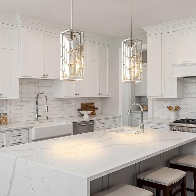 Brushed Nickel Pendant Lighting Modern Pendant Light, Mini Crystal Chandeliers, Adjustable Pendant Light Fixture for Kitchen Island Dinning Room Bedroom (2 Pack)